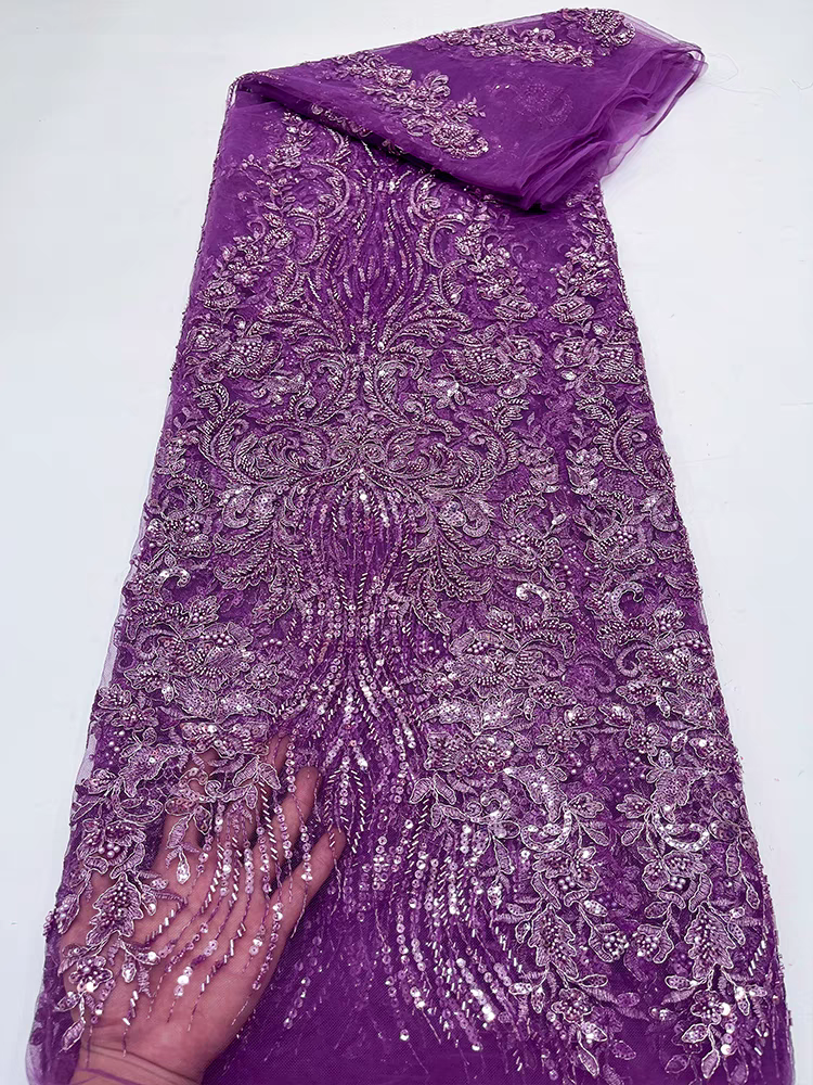 Burgundy beaded tube embroidery mesh ethnic silver strands flower lace sequin embroidery fabric dress clothing fabric 5y