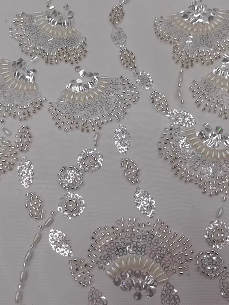 European and American purple mesh fabric exquisite bead tube embroidery beaded fan sequin embroidery fabric dress wedding dress