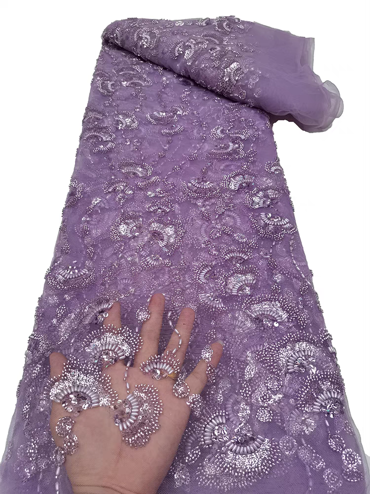 European and American purple mesh fabric exquisite bead tube embroidery beaded fan sequin embroidery fabric dress wedding dress