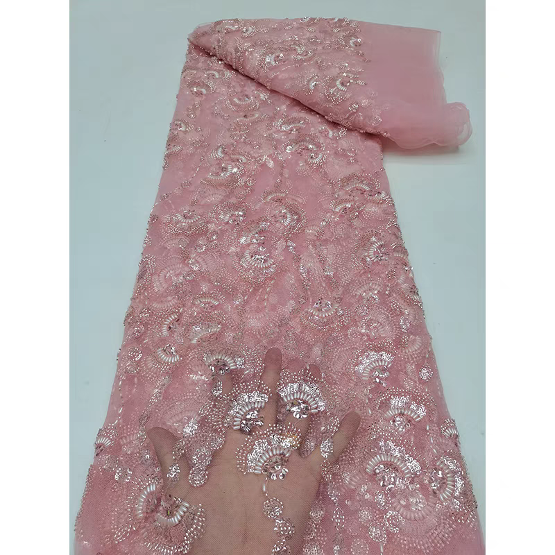 European and American purple mesh fabric exquisite bead tube embroidery beaded fan sequin embroidery fabric dress wedding dress