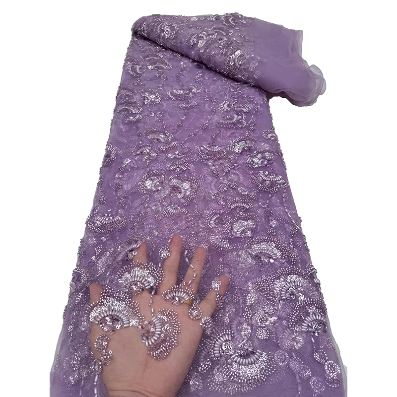 European and American purple mesh fabric exquisite bead tube embroidery beaded fan sequin embroidery fabric dress wedding dress