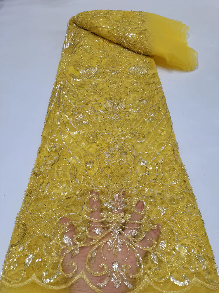 Beaded Tube Embroidery Mesh Fabric Lace Pearl Flower Sequin Embroidery Fabric Dress Wedding Dress Clothing Five yards