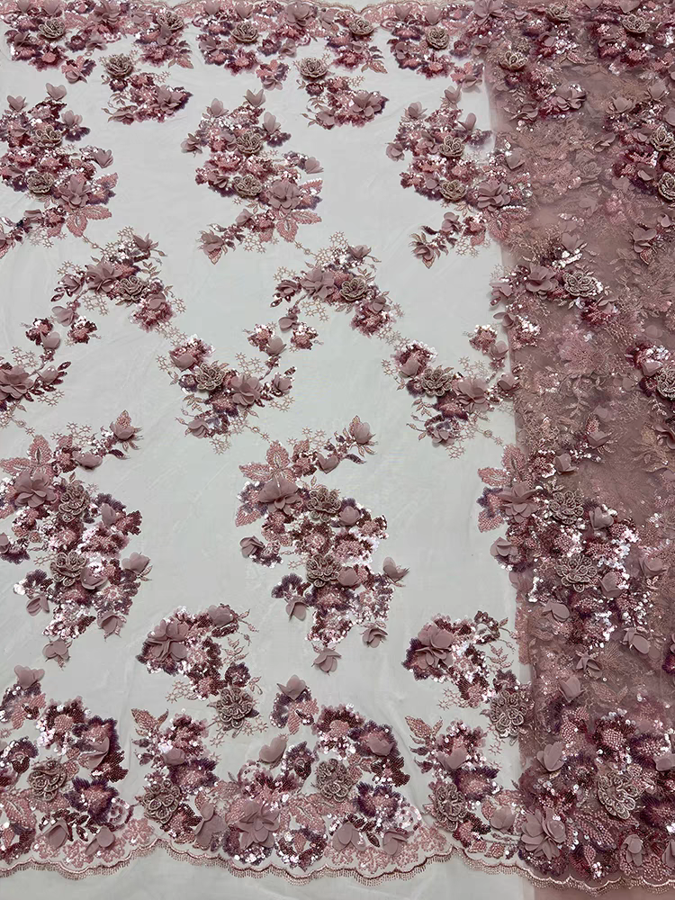 French white mesh fabric exquisite beaded tube embroidery three-dimensional chiffon flower beaded sequin embroidery fabric dressf | Amehandmadesg
