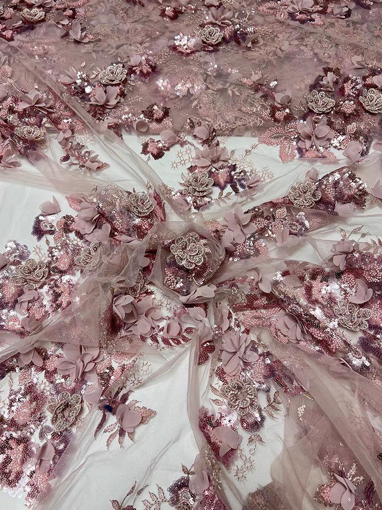 French white mesh fabric exquisite beaded tube embroidery three-dimensional chiffon flower beaded sequin embroidery fabric dressf | Amehandmadesg