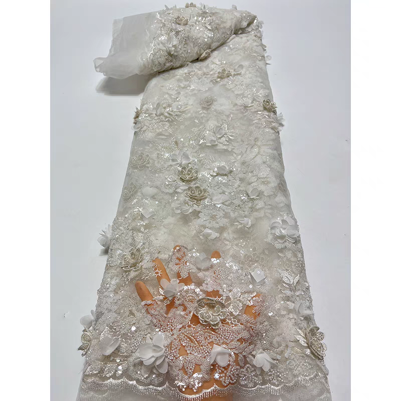 French white mesh fabric exquisite beaded tube embroidery three-dimensional chiffon flower beaded sequin embroidery fabric dressf | Amehandmadesg