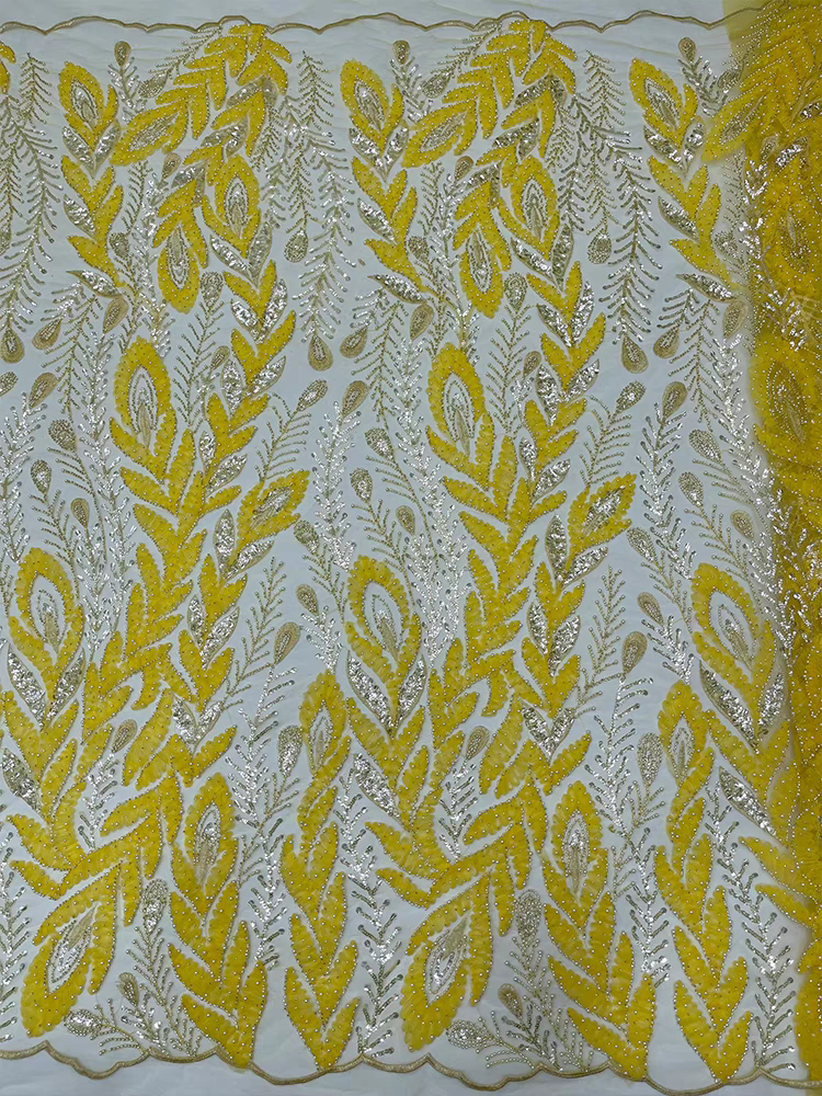 Green mesh fabric bead tube embroidery beaded leaves pearl ethnic style sequin embroidery fabric dress wedding dress | Amehandmadesg
