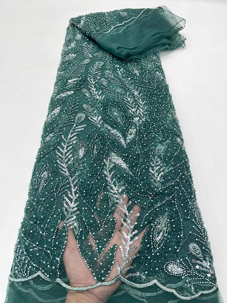 Green mesh fabric bead tube embroidery beaded leaves pearl ethnic style sequin embroidery fabric dress wedding dress | Amehandmadesg