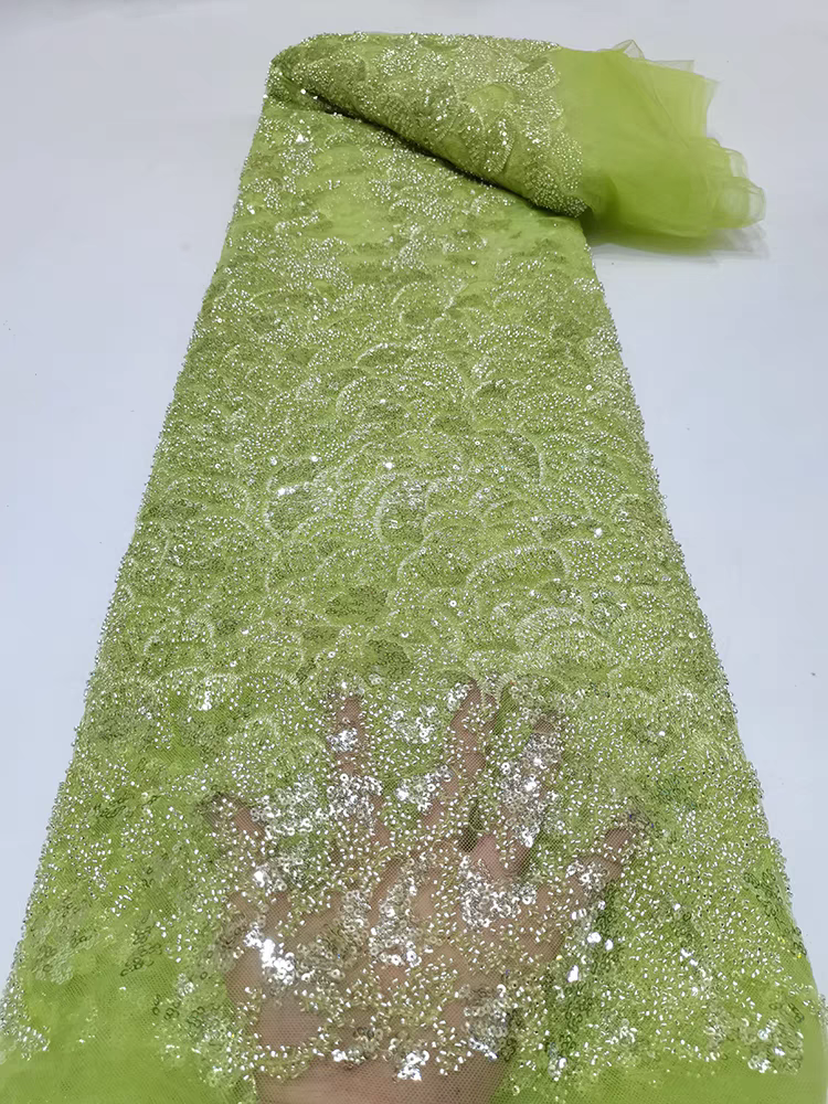 Green lace mesh fabric bead tube embroidery beaded sequin embroidery fabric dress clothing wedding dress Five yards | Amehandmadesg