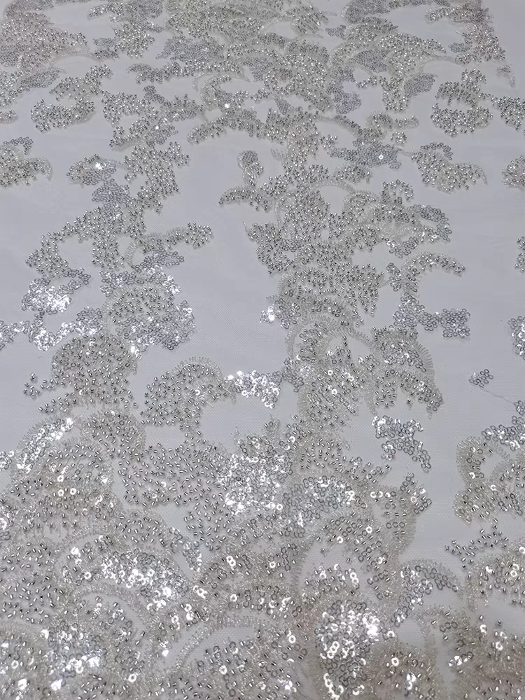 Green lace mesh fabric bead tube embroidery beaded sequin embroidery fabric dress clothing wedding dress Five yards | Amehandmadesg