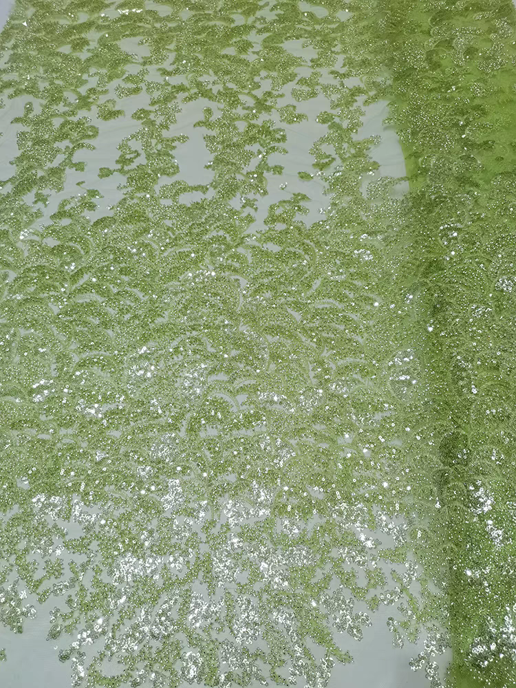 Green lace mesh fabric bead tube embroidery beaded sequin embroidery fabric dress clothing wedding dress Five yards | Amehandmadesg