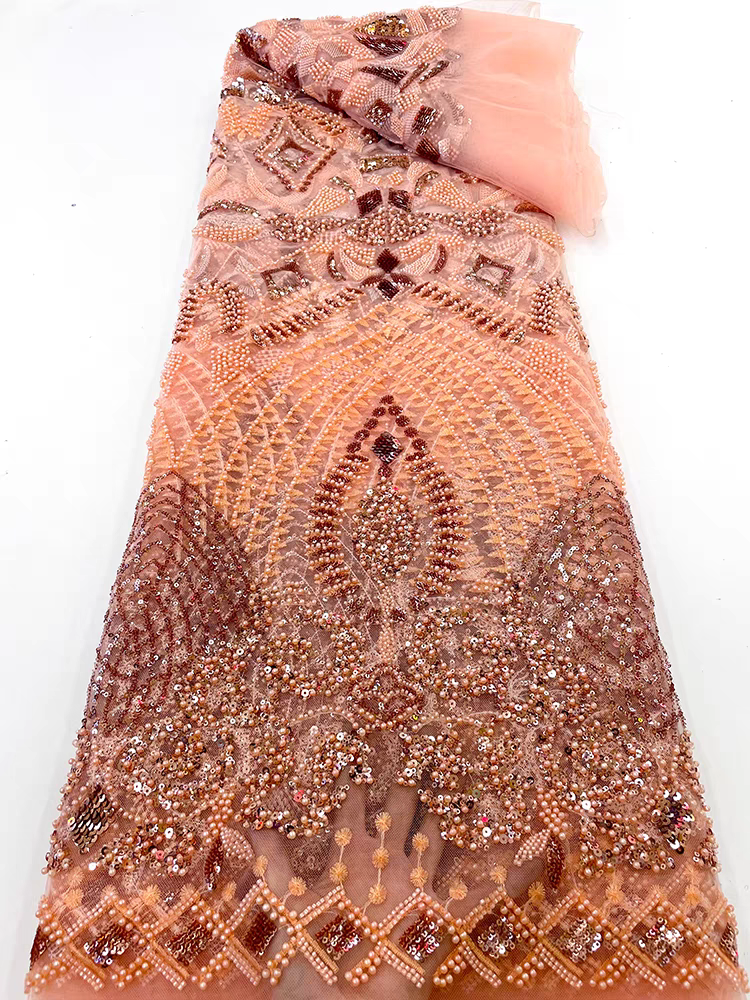 Red lace mesh fabric diamond bead tube embroidery heavy beaded pearl sequin embroidery fabric dress wedding dress 5y | Amehandmadesg