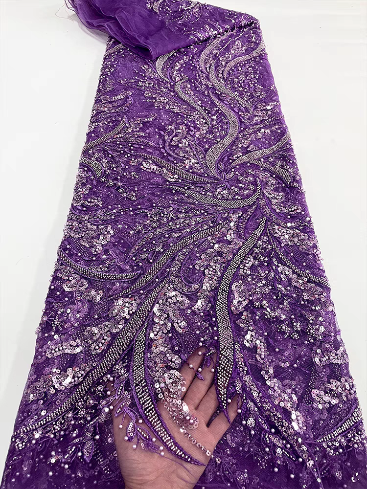 Purple heavy beaded lace mesh beaded pearl sequin embroidery fabric dress clothing wedding dress fabric 5y | Amehandmadesg