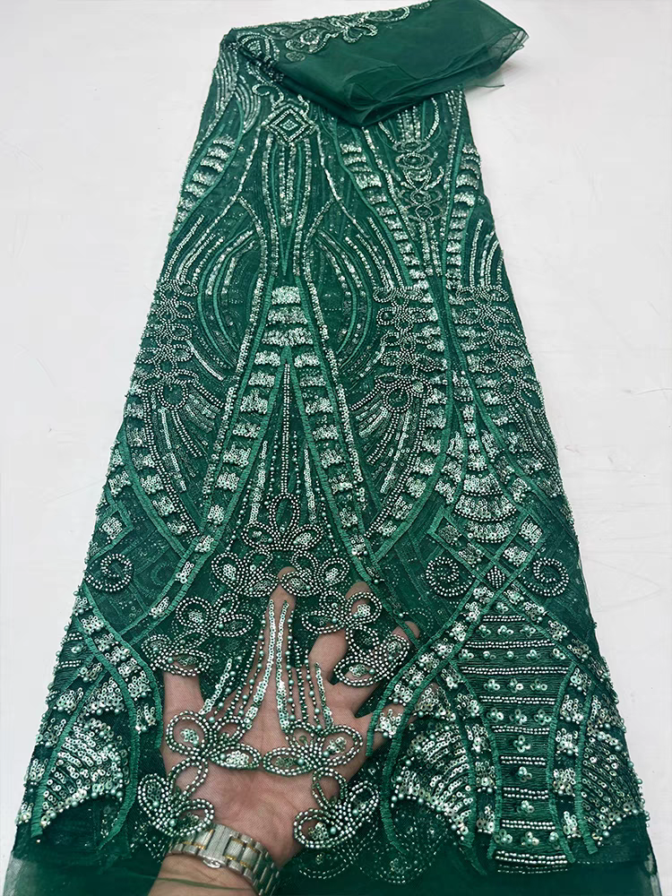 Dark green mesh fabric beaded bow bead tube embroidery sequins embroidery fabric dress wedding dress | Amehandmadesg