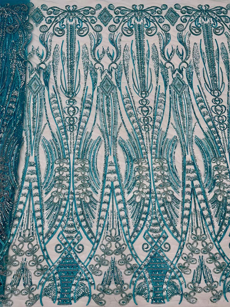 Dark green mesh fabric beaded bow bead tube embroidery sequins embroidery fabric dress wedding dress | Amehandmadesg