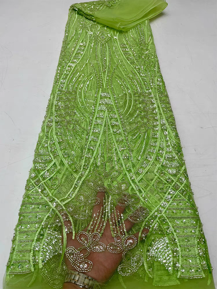 Dark green mesh fabric beaded bow bead tube embroidery sequins embroidery fabric dress wedding dress | Amehandmadesg
