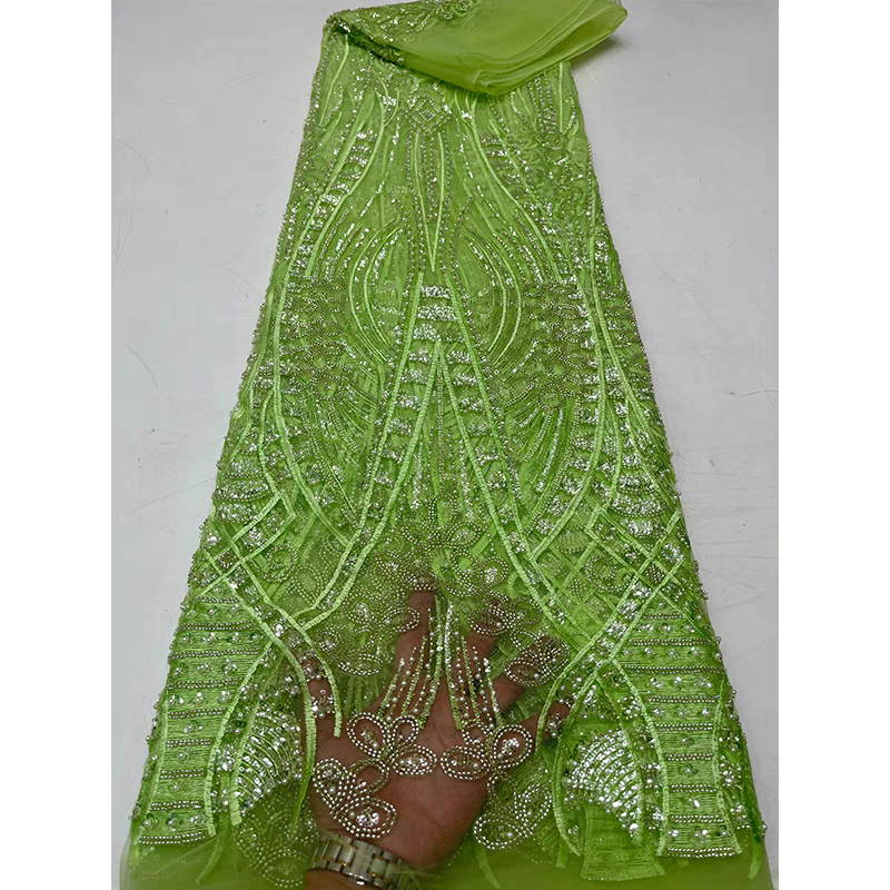 Dark green mesh fabric beaded bow bead tube embroidery sequins embroidery fabric dress wedding dress | Amehandmadesg