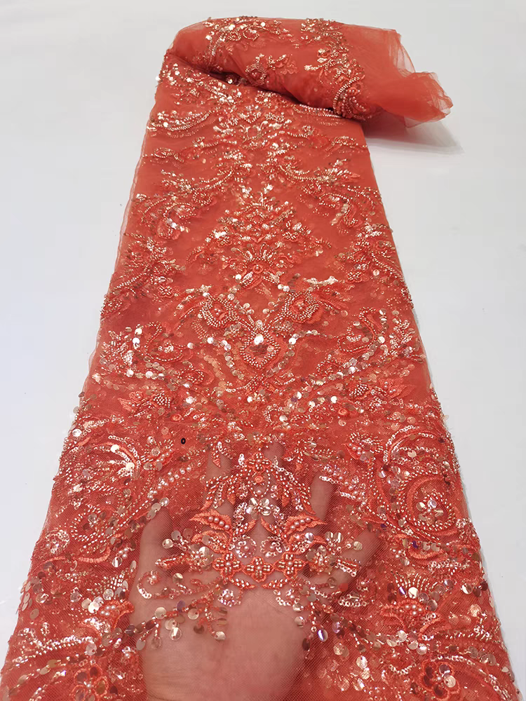 New orange mesh fabric bead tube embroidery beads large beads sequins embroidery fabric dress clothing wedding dress 5Y | Amehandmadesg