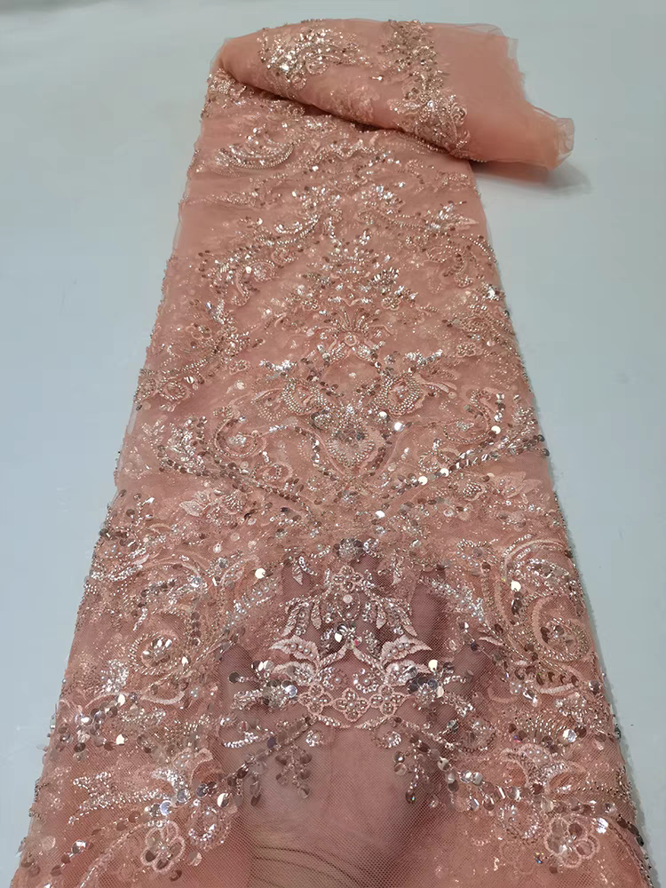 New orange mesh fabric bead tube embroidery beads large beads sequins embroidery fabric dress clothing wedding dress 5Y | Amehandmadesg