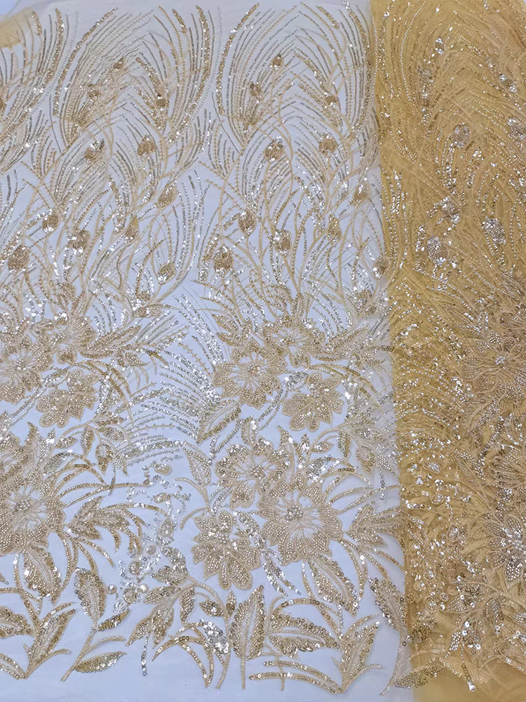 New blue bead tube embroidery mesh pearl beaded sequin embroidery fabric dress clothing wedding dress fabric 5y | Amehandmadesg