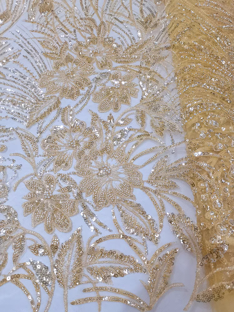 New blue bead tube embroidery mesh pearl beaded sequin embroidery fabric dress clothing wedding dress fabric 5y | Amehandmadesg