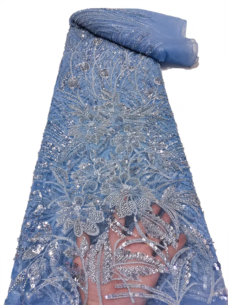 New blue bead tube embroidery mesh pearl beaded sequin embroidery fabric dress clothing wedding dress fabric 5y | Amehandmadesg