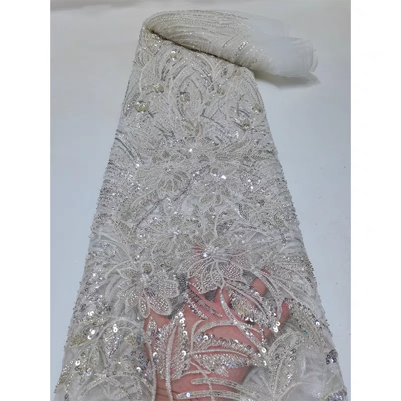 New blue bead tube embroidery mesh pearl beaded sequin embroidery fabric dress clothing wedding dress fabric 5y | Amehandmadesg