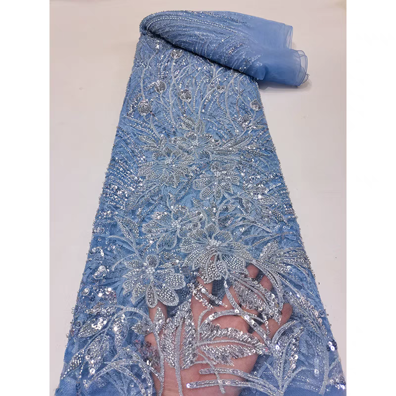 New blue bead tube embroidery mesh pearl beaded sequin embroidery fabric dress clothing wedding dress fabric 5y | Amehandmadesg