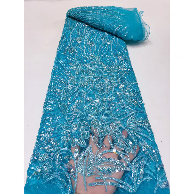 New blue bead tube embroidery mesh pearl beaded sequin embroidery fabric dress clothing wedding dress fabric 5y | Amehandmadesg