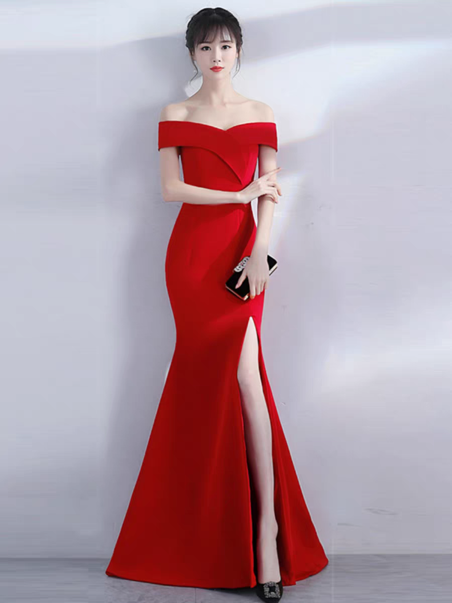 EG-SALE-AME-00122 Western dining etiquette course evening dress banquet women's one shoulder fishtail host etiquette