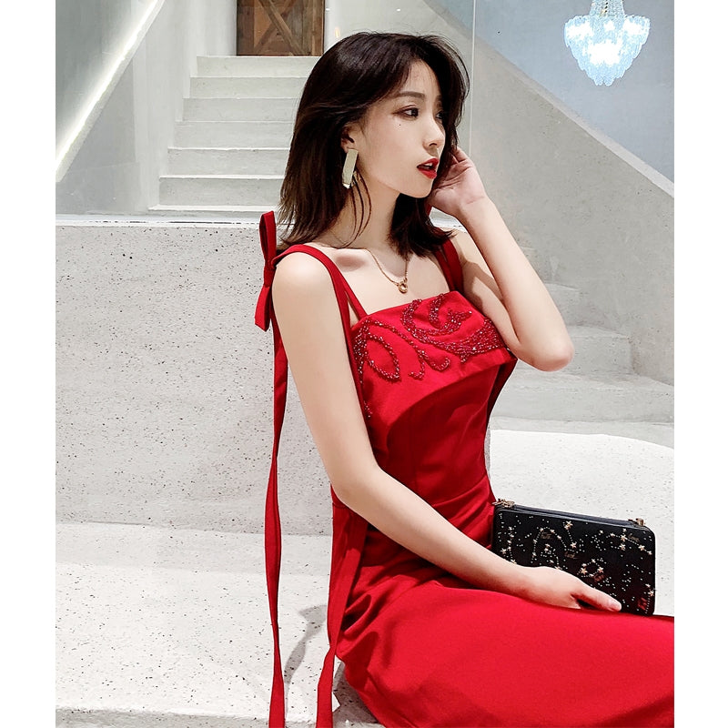 Tribute bride new long red wedding dress dress elegant sexy sling thin thank you banquet girl.