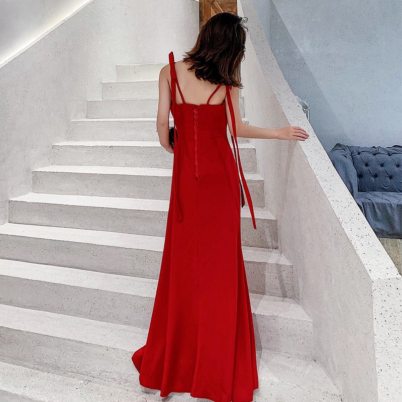 Tribute bride new long red wedding dress dress elegant sexy sling thin thank you banquet girl.