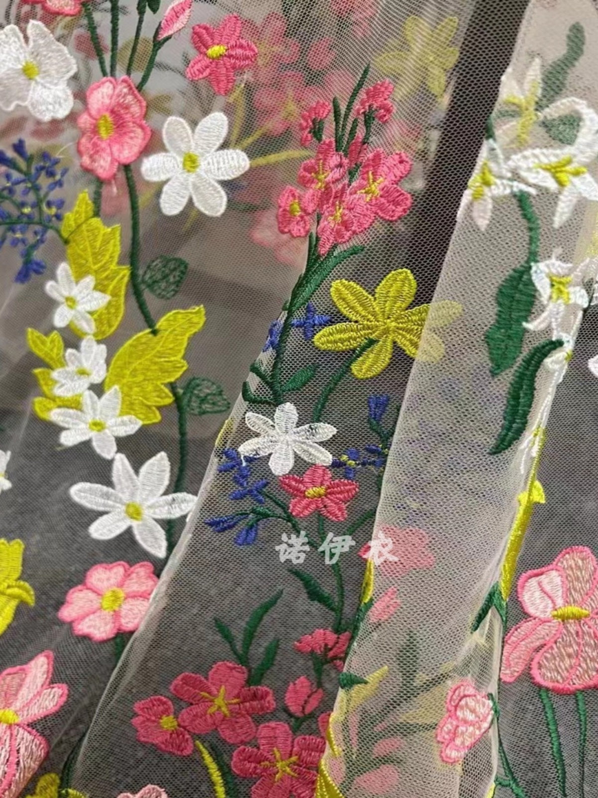Flower fairy yellow pink color embroidered lace fabric three-dimensional hollow mesh embroidery French dress long skirt fabric