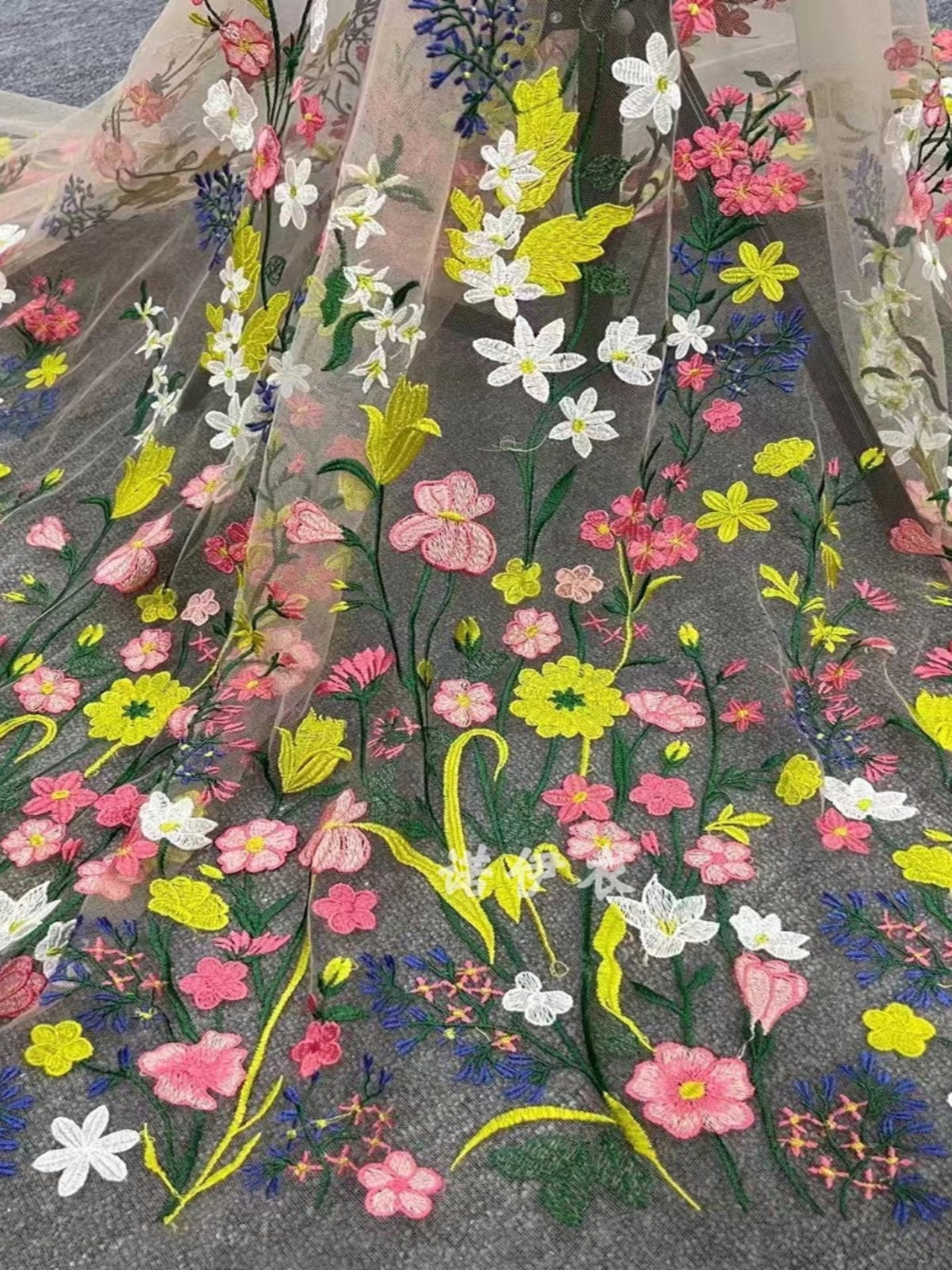 Flower fairy yellow pink color embroidered lace fabric three-dimensional hollow mesh embroidery French dress long skirt fabric