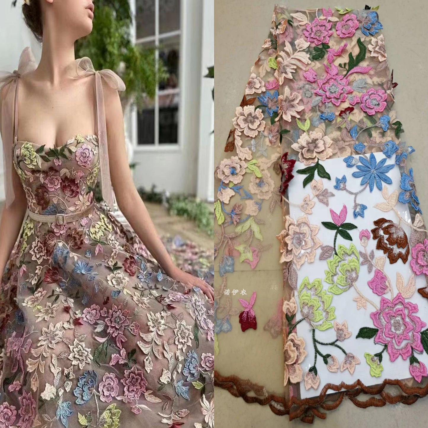 European and American color three-dimensional flower embroidery lace dress fabric water soluble embroidery mesh dress fabric