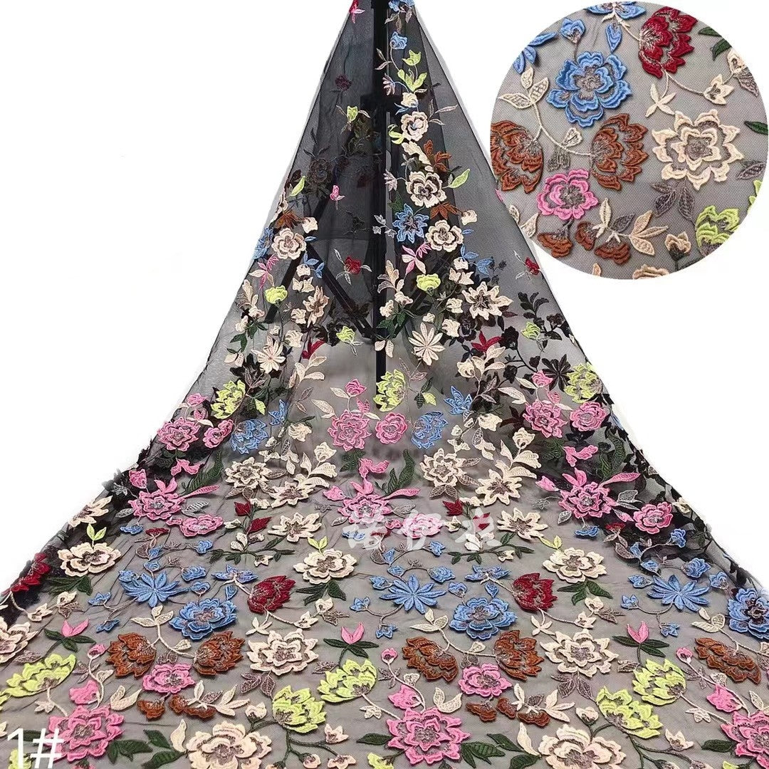 European and American color three-dimensional flower embroidery lace dress fabric water soluble embroidery mesh dress fabric