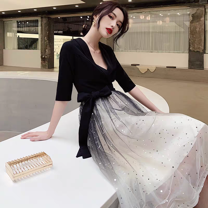 EG-SALE-AME-00109 Small evening dress for women new black banquet temperament gradient dress high-end daily wear host spring