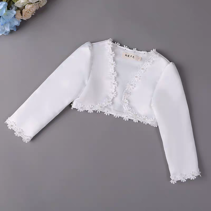 White bolero shrug with floral lace trim for girls. Formal occasion cover-up.