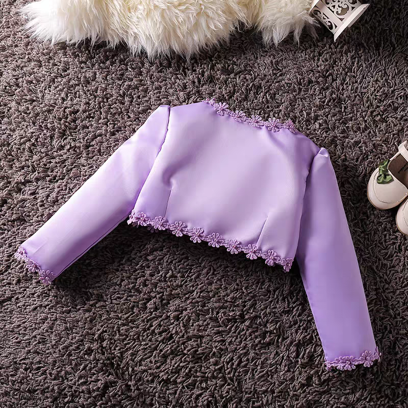 Lilac bolero jacket for girls, with floral lace trim.