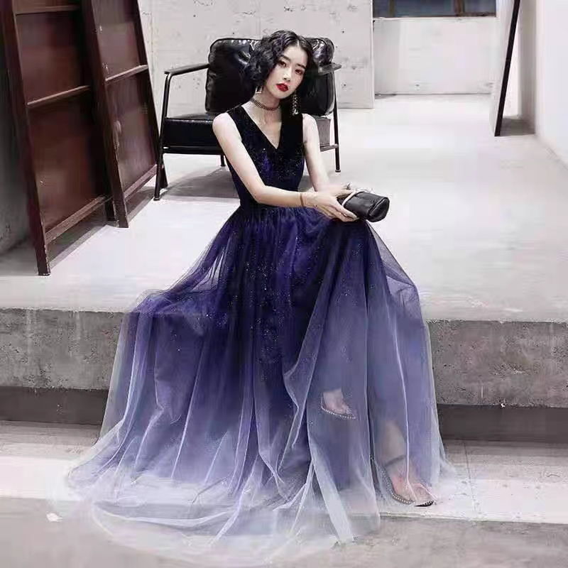 EG-SALE-AME-00218 Banquet gradient female host performance costume temperament long dream dress starry sky evening dress art examination