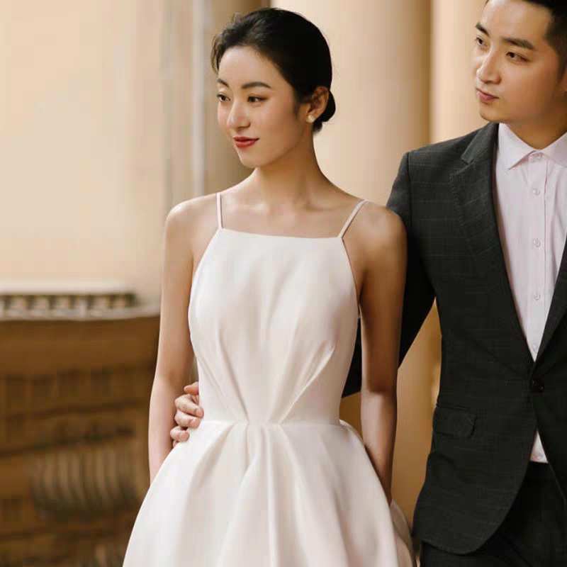 BG-WED-AME-10069 Light wedding dress simple French style outdoor gown travel photography light gauze super fairy forest travel photography small white satin