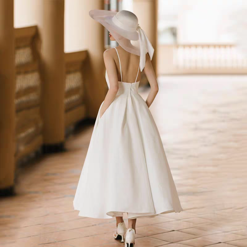 BG-WED-AME-10069 Light wedding dress simple French style outdoor gown travel photography light gauze super fairy forest travel photography small white satin