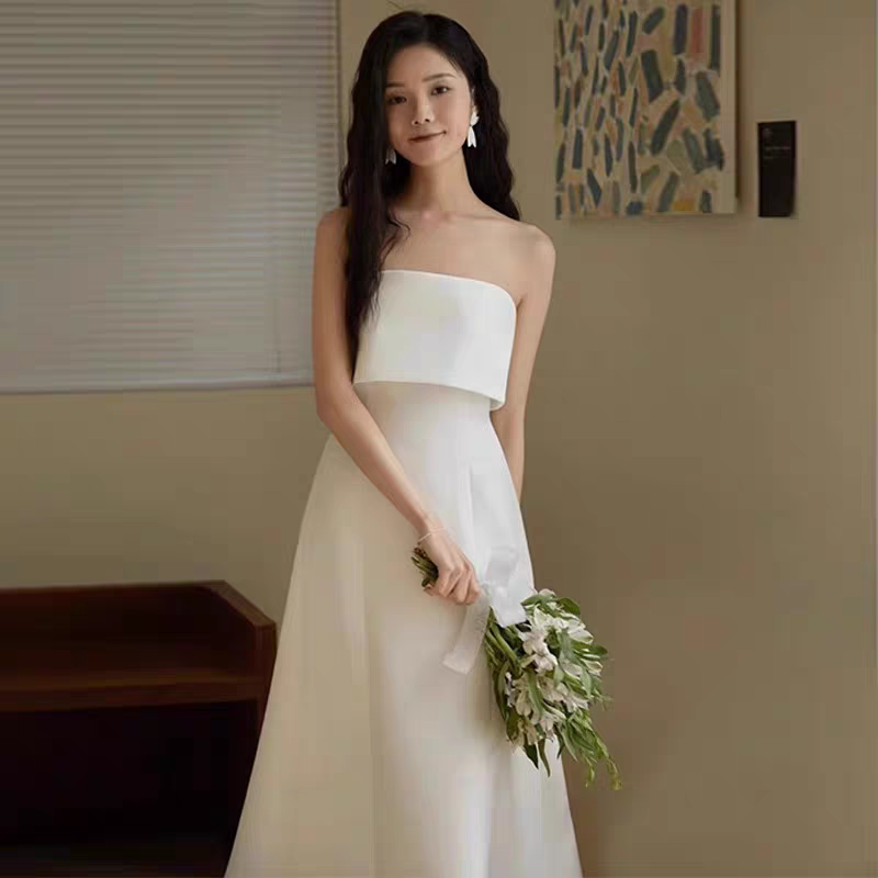 BG-WED-AME-10068 Customized elegant white light wedding dress light luxury birthday party tube top evening dress get a certificate travel shoot
