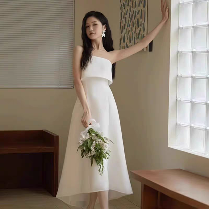 BG-WED-AME-10068 Customized elegant white light wedding dress light luxury birthday party tube top evening dress get a certificate travel shoot
