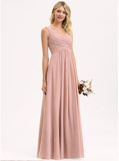 A-Line V-neck Floor-Length Chiffon Bridesmaid Dress With Ruffle, Long Bridesmaid Dresses