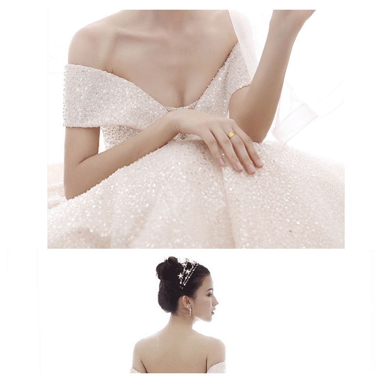luxury heavy industry, French style, one shoulder, small bride's tail wedding dress