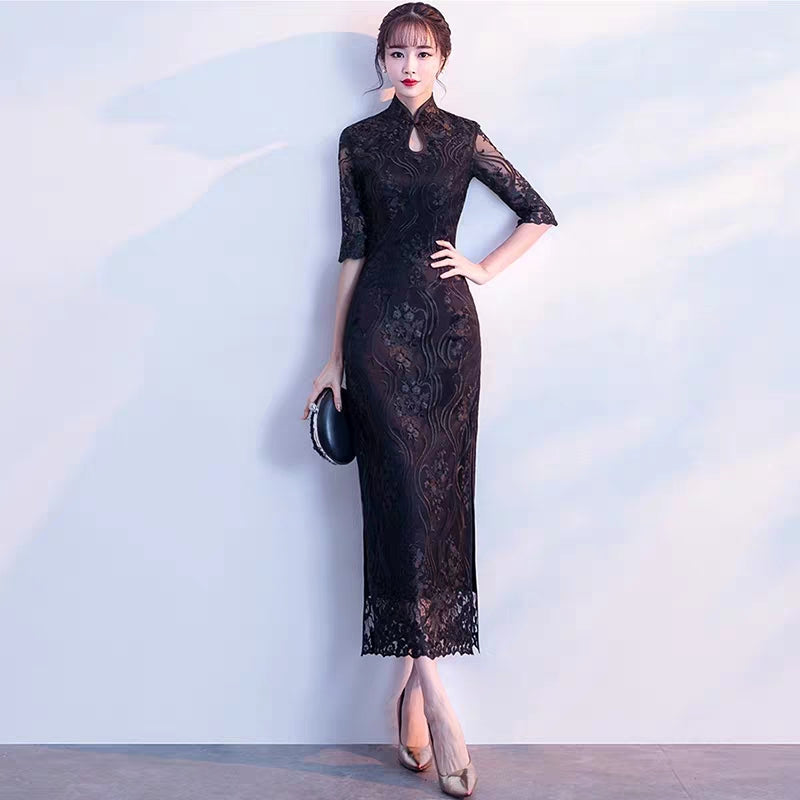 Improved version of cheongsam 2019 new autumn girl long section fresh and elegant fishtail Austrian dress female small fragrance