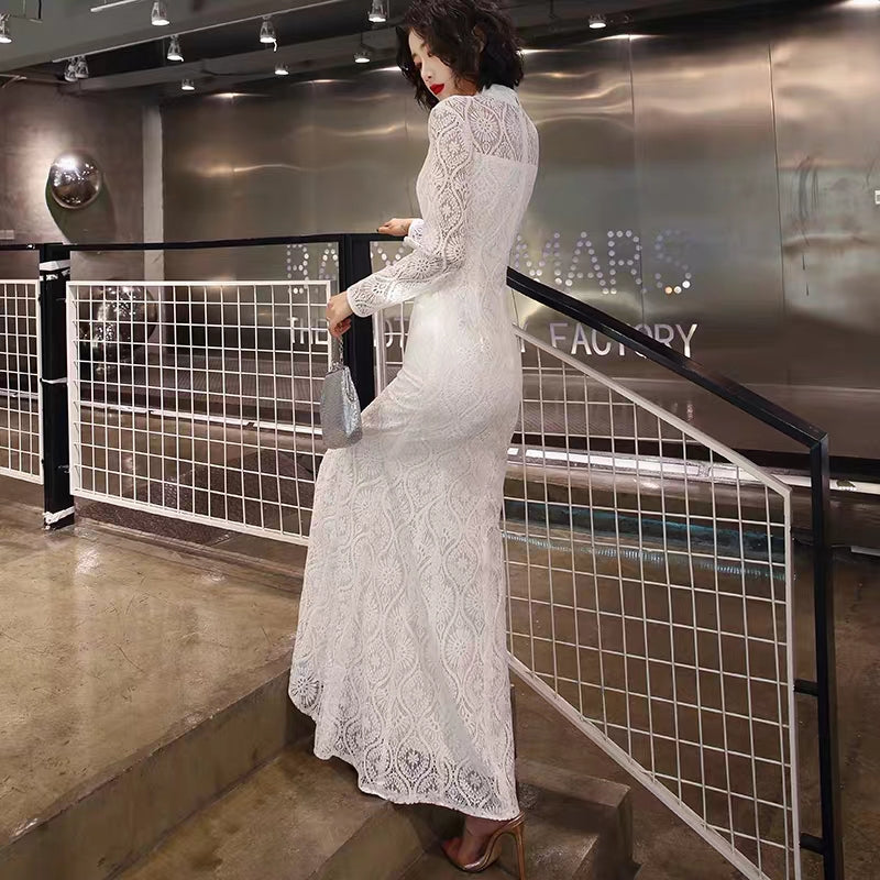French cheongsam young improved girl dress women's white long fishtail banquet retro elegant Chinese wind