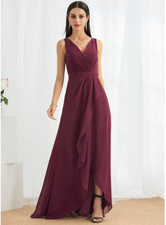 High-Low Bridesmaid Dresses A-Line V-neck Asymmetrical Bridesmaid Dress With Split Front
