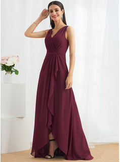 High-Low Bridesmaid Dresses A-Line V-neck Asymmetrical Bridesmaid Dress With Split Front