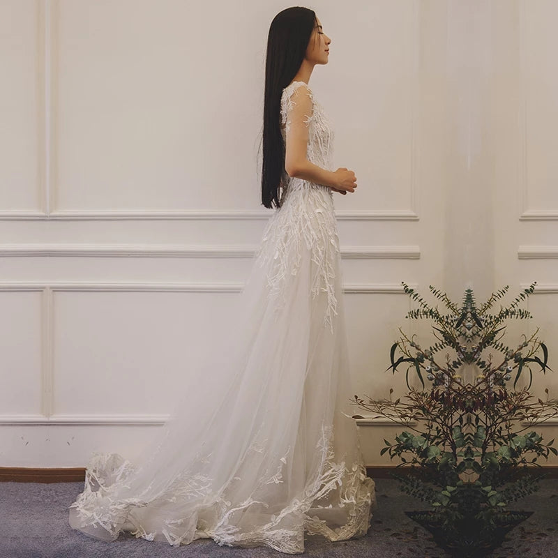 French light wedding dress new bride Sen line ultra-fairy Hepburn a word shoulder-length thin drag tail out of the small man